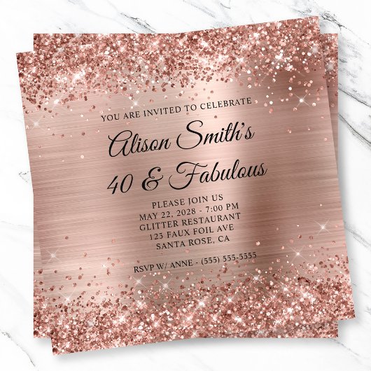 Invitation Glittery Rose Gold Foil Monogramme 40 & Fabulous