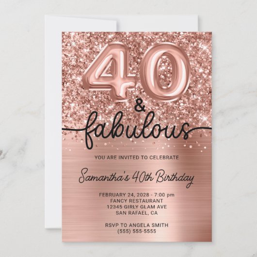 Invitation Glittery Rose Gold Glam 40 et Fabulous (Devant)