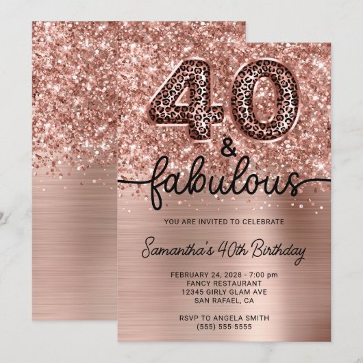 Invitation Glittery Rose Gold Leopard 40 et fabuleux (Devant / Derrière)