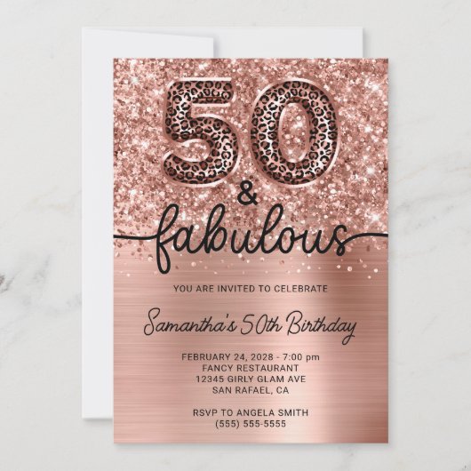 Invitation Glittery Rose Gold Leopard Glam 50 and Fabulous (Devant)