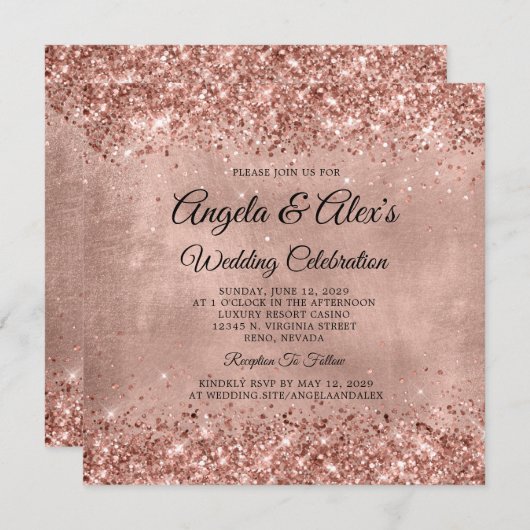 Invitation Glittery Rose Gold Mariage élégant (Devant / Derrière)