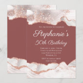 Invitation Glittery Rose Gold White Agate 50th Birthday Brick (Devant / Derrière)