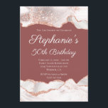 Invitation Glittery Rose Gold White Agate 50th Birthday Brick<br><div class="desc">Créez pour elle votre propre invitation à fêter un anniversaire de jalon élégant. Cet exemple de 50e anniversaire peut être customisé pour son événement spécial. La bordure supérieure et inférieure de cet invitation présente une parties scintillant d'or rose brillant décorative et des graphiques d'art numérique d'agate blanc sur le rouge...</div>