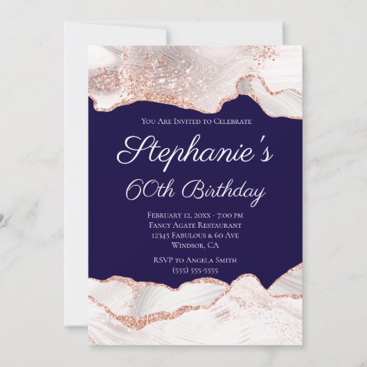 Invitation Glittery Rose Gold White Agate 60e anniversaire Ma (Devant)
