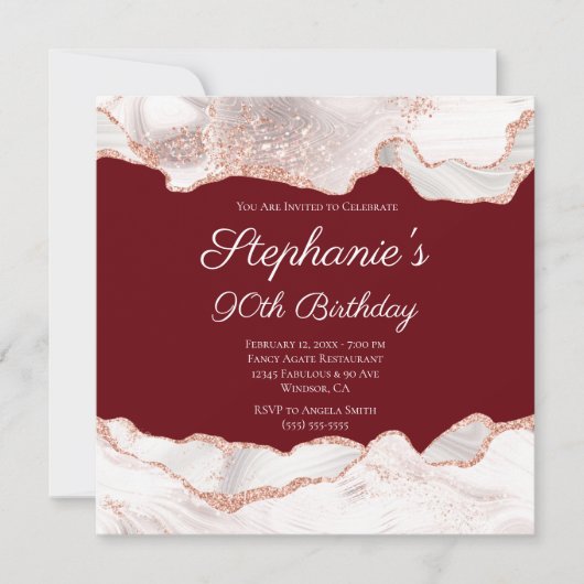 Invitation Glittery Rose Gold White Agate 90e anniversaire (Devant)