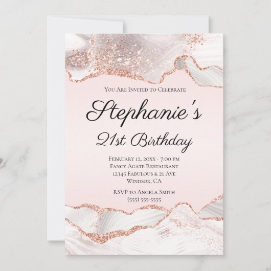 Invitation Glittery Rose Gold White Agate Blush 21e anniversa (Devant)