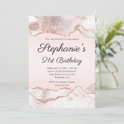 Invitation Glittery Rose Gold White Agate Blush 21e anniversa (Debout devant)