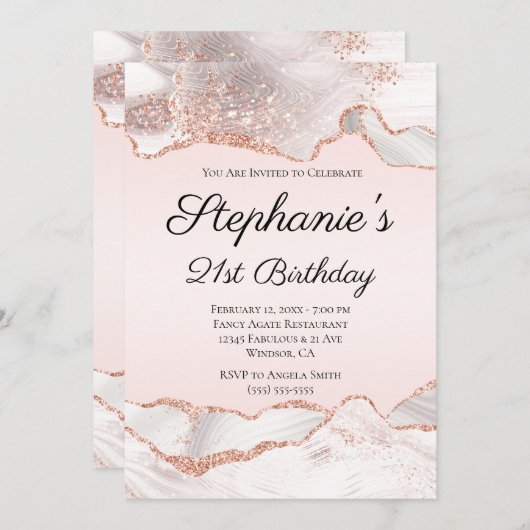 Invitation Glittery Rose Gold White Agate Blush 21e anniversa (Devant / Derrière)
