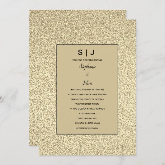 Invitation Glittery Sepia Gold Noir doré Mariage élégant (Devant / Derrière)