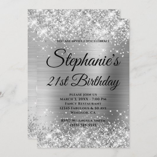 Invitation Glittery Silver Fancy Monogramme 21e anniversaire (Devant / Derrière)