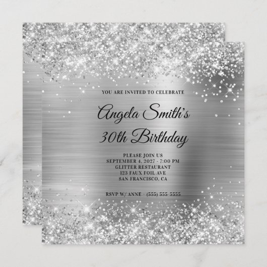 Invitation Glittery Silver Foil 30e anniversaire (Devant / Derrière)