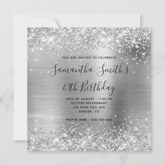 Invitation Glittery Silver Foil 40e anniversaire (Devant)