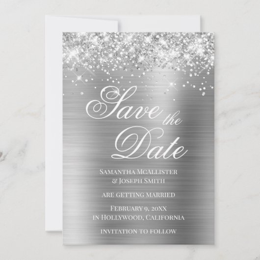 Invitation Glittery Silver Foil Enregistrer la date (Devant)