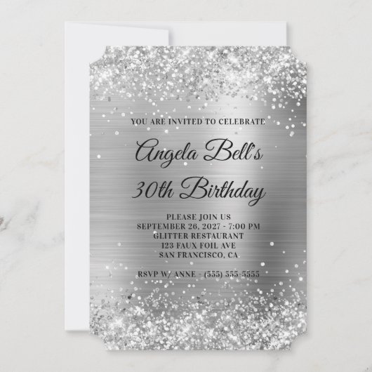 Invitation Glittery Silver Foil Fancy Monogramme 30e annivers (Devant)