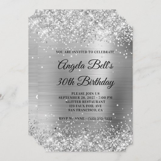 Invitation Glittery Silver Foil Fancy Monogramme 30e annivers (Devant / Derrière)