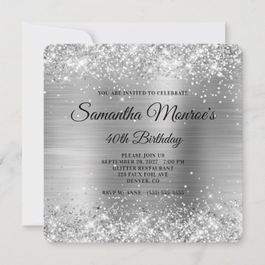 Invitation Glittery Silver Foil Fancy Monogramme 40e annivers (Devant)