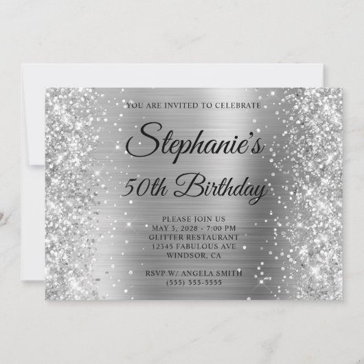 Invitation Glittery Silver Foil Fancy Monogramme 50e annivers (Devant)