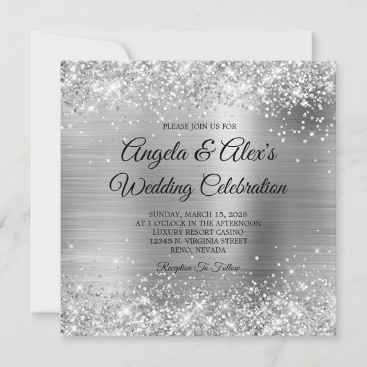 Invitation Glittery Silver Foil Mariage élégant (Devant)