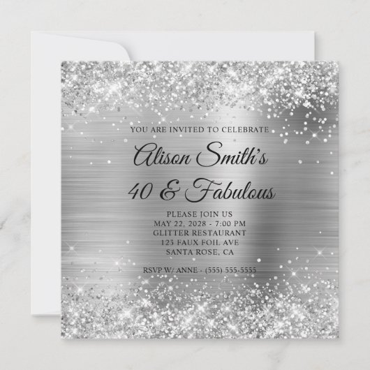 Invitation Glittery Silver Foil Monogramme 40 & Fabulous (Devant)