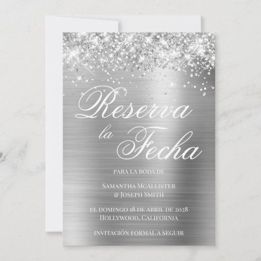 Invitation Glittery Silver Foil Photo Reserva La Fecha (Devant)