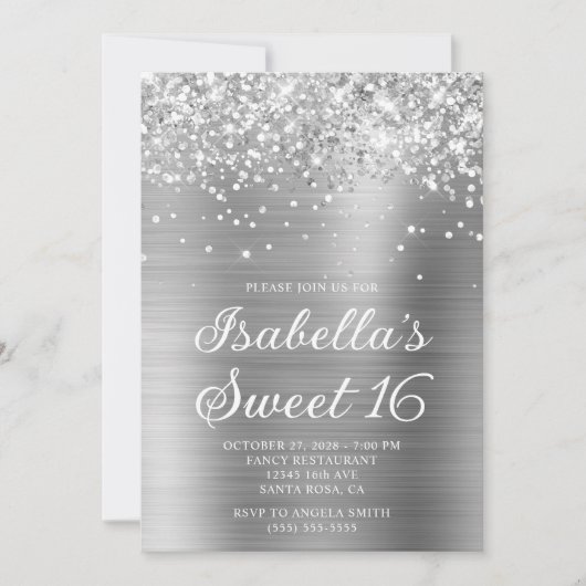 Invitation Glittery Silver Foil Sweet 16 Photo (Devant)