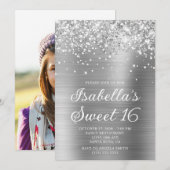 Invitation Glittery Silver Foil Sweet 16 Photo (Devant / Derrière)