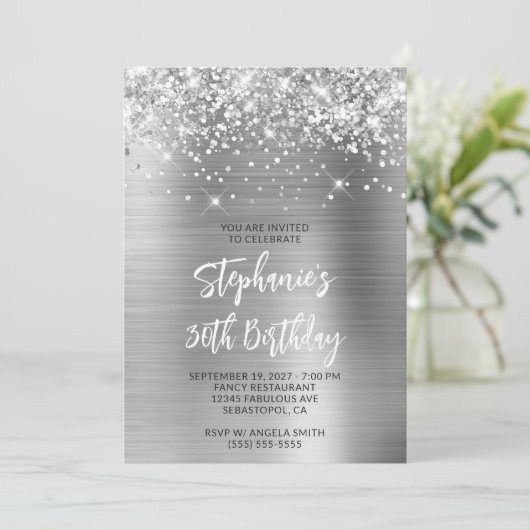 Invitation Glittery Silver Glam 30th Birthday Brush Script (Debout devant)