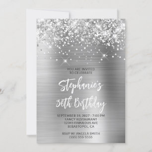 Invitation Glittery Silver Glam 30th Birthday Brush Script