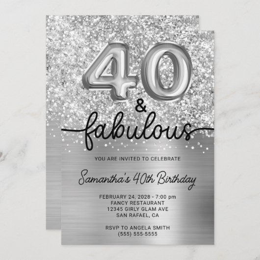 Invitation Glittery Silver Glam 40 et fabuleux (Devant / Derrière)