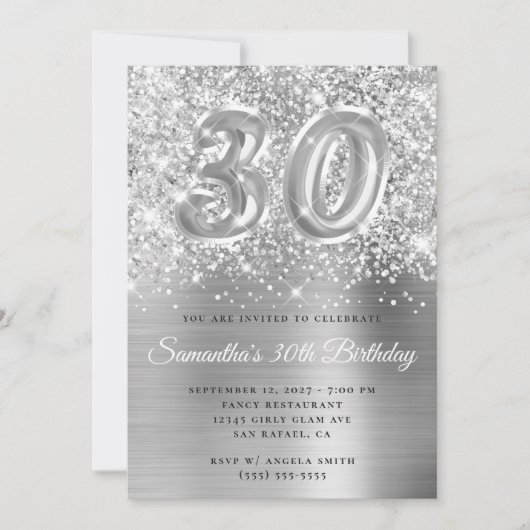 Invitation Glittery Silver Glam Numéro 30e anniversaire (Devant)