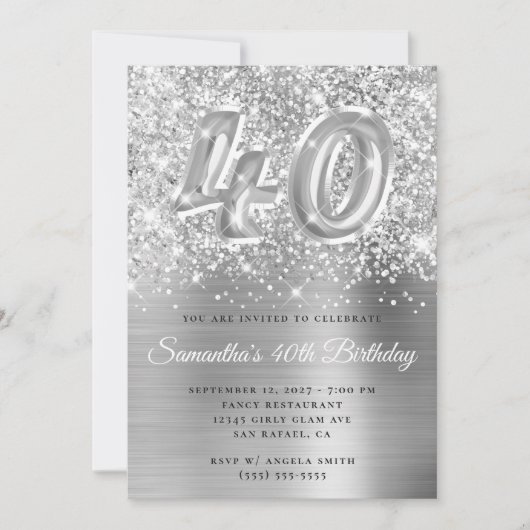 Invitation Glittery Silver Glam Numéro 40e anniversaire (Devant)