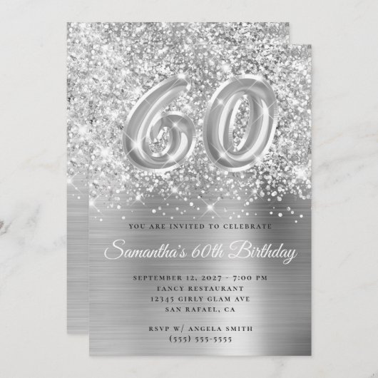 Invitation Glittery Silver Glam Numéro 60e anniversaire (Devant / Derrière)