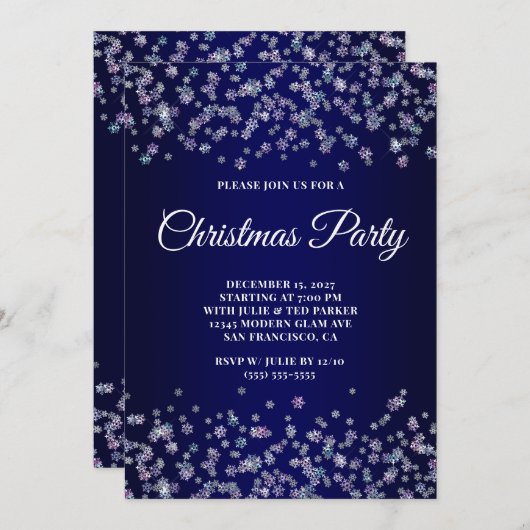 Invitation Glittery Snowflakes Navy Ombre Christmas Party (Devant / Derrière)