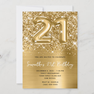 Invitation Glittery Sparkly Gold Balloon Glam 21e anniversair