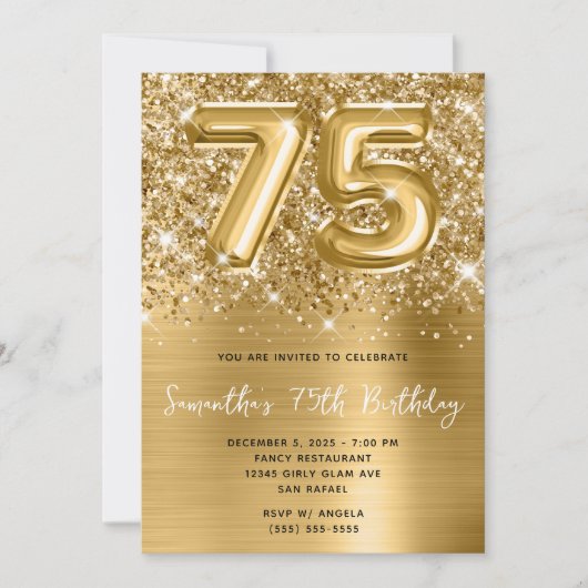Invitation Glittery Sparkly Gold Balloon Glam 75e anniversair (Devant)
