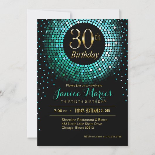 Invitation Glitz Bling Confetti 30e anniversaire aqua or noir (Devant)