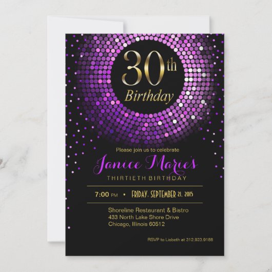 Invitation Glitz Bling Confetti 30e anniversaire | or pourpre (Devant)