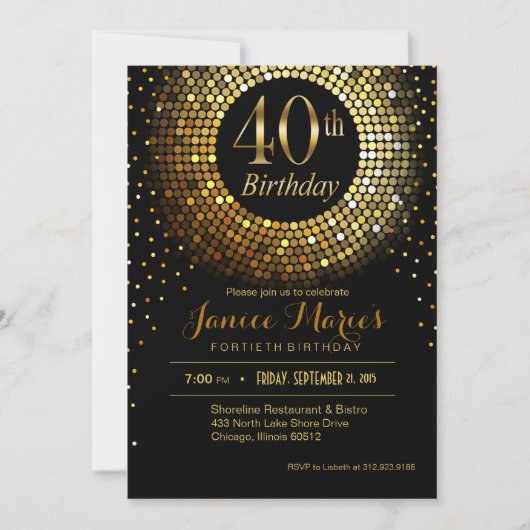 Invitation Glitz Bling Confetti 40e anniversaire | noir or (Devant)