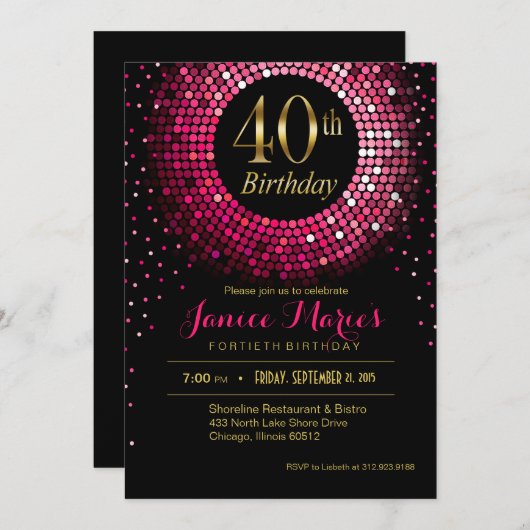 Invitation Glitz Bling Confetti 40e anniversaire| or fuchsia (Devant / Derrière)