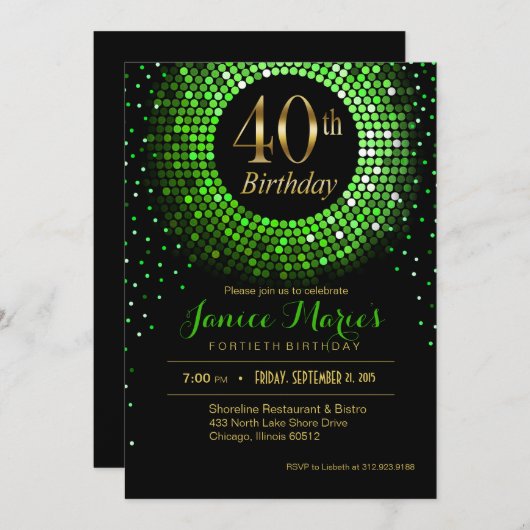 Invitation Glitz Bling Confetti 40e anniversaire| or vert (Devant / Derrière)