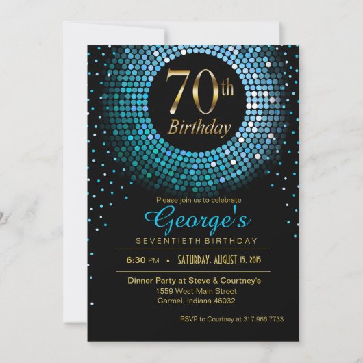 Invitation Glitz Bling Confetti 70e anniversaire bleu or noir (Devant)