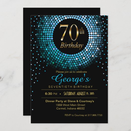Invitation Glitz Bling Confetti 70e anniversaire bleu or noir (Devant / Derrière)