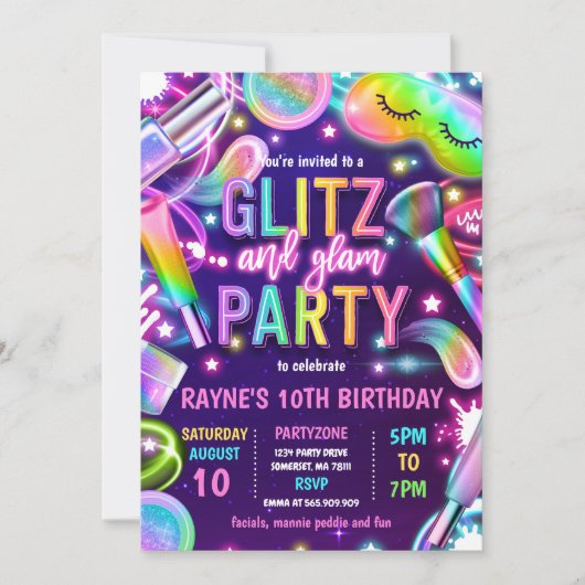 Invitation Glitz Et Glam Glow Neon Spa Maquillage Anniversair (Devant)