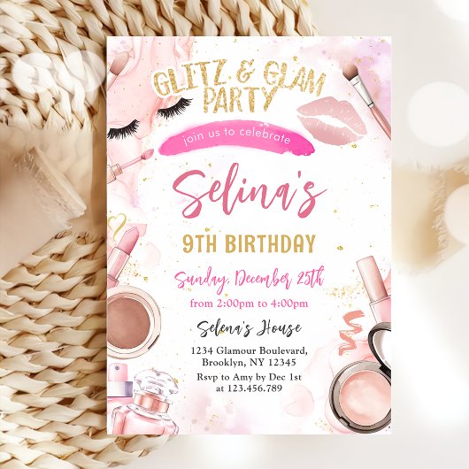 Invitation Glitz Glam Glamor Fête Spa Maquillage fille Annive
