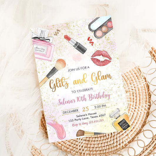 Invitation Glitz Glam Glamor Fête Spa Maquillage fille Annive