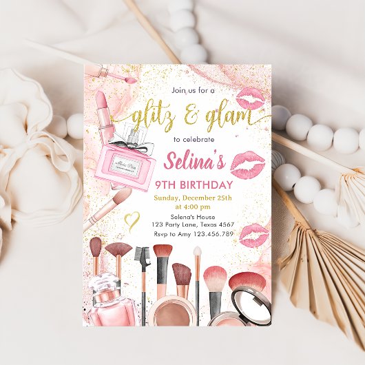 Invitation Glitz Glam Glamor Spa Party Pink Maquillage Annive