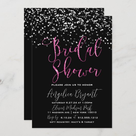 Invitation Glitz & Glam Rose et Black Bokeh (Devant / Derrière)