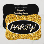 Invitation Glitz "Gold" 'Party!' noir ovale support (Devant / Derrière)