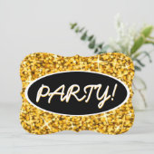 Invitation Glitz "Gold" 'Party!' noir ovale support (Debout devant)