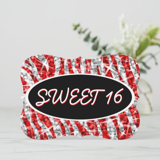 Invitation Glitz Zebra Red 'Sweet 16' noir oval support (Debout devant)
